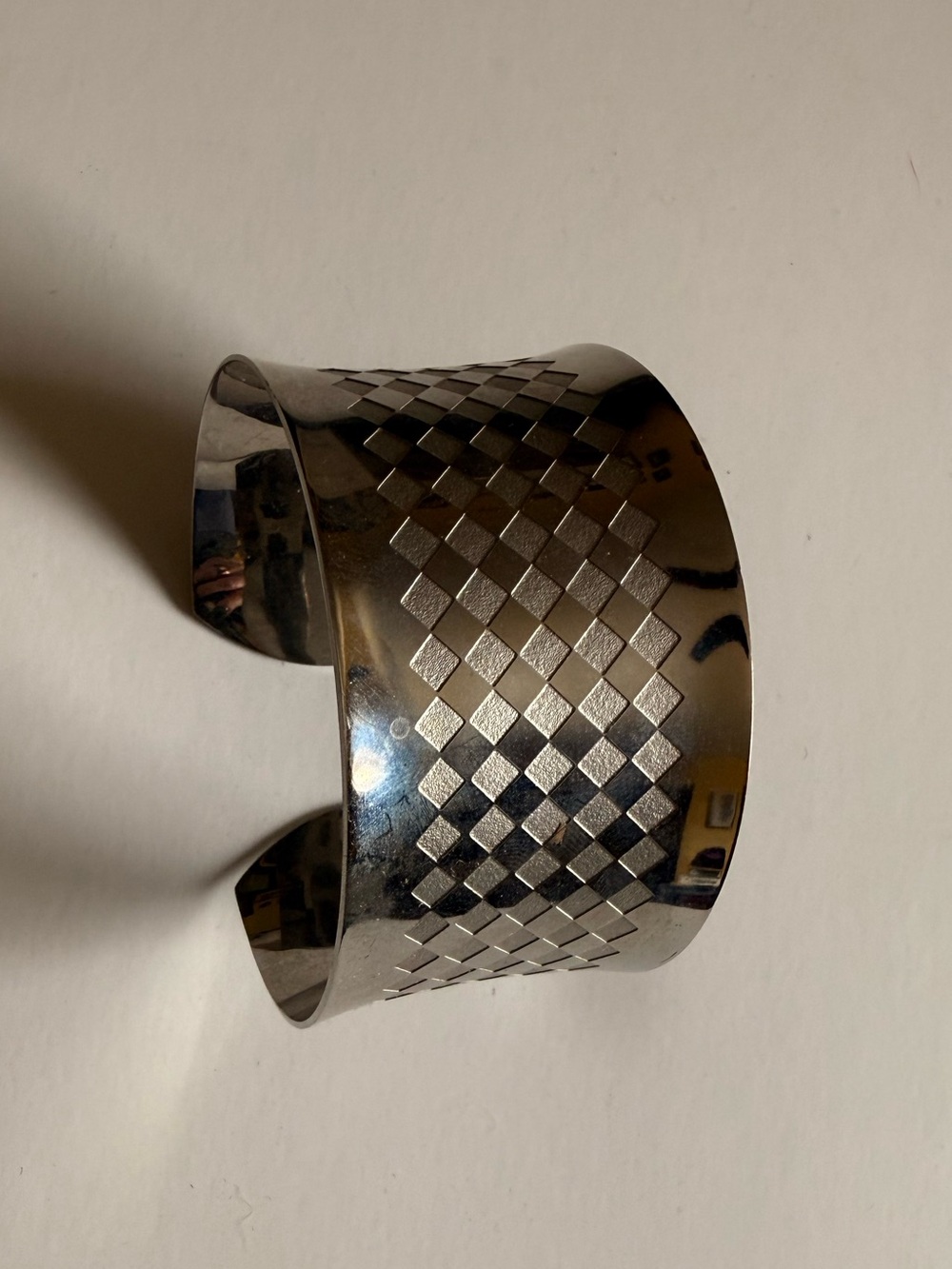 Silver Metallic Check-Pattern Cuff Bracelet